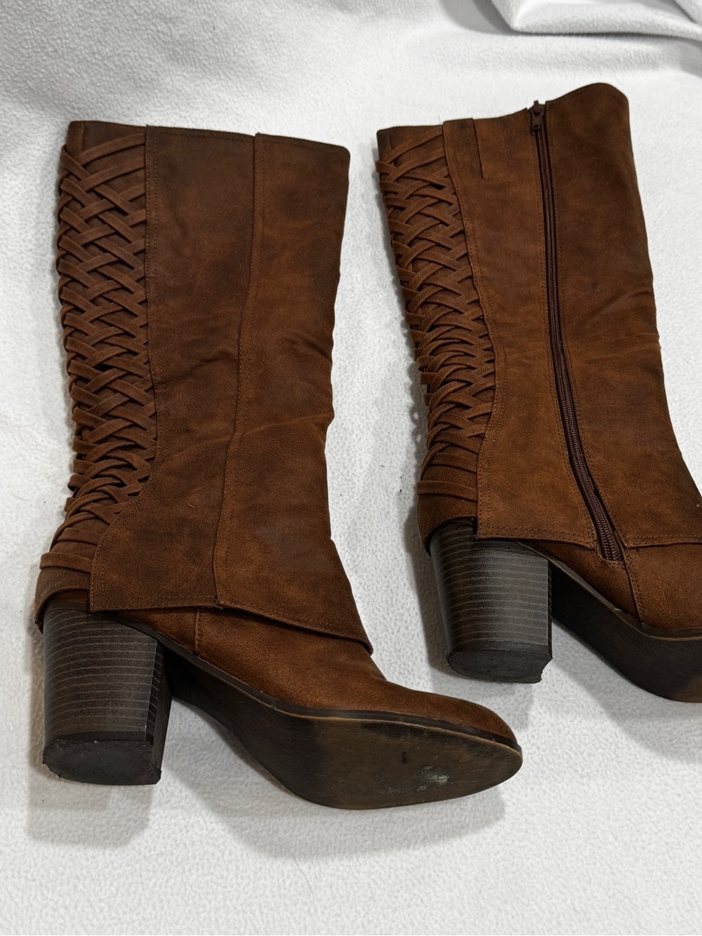 Fergalicious Brown Mid-Calf Heeled Boots with Woven Side Detail